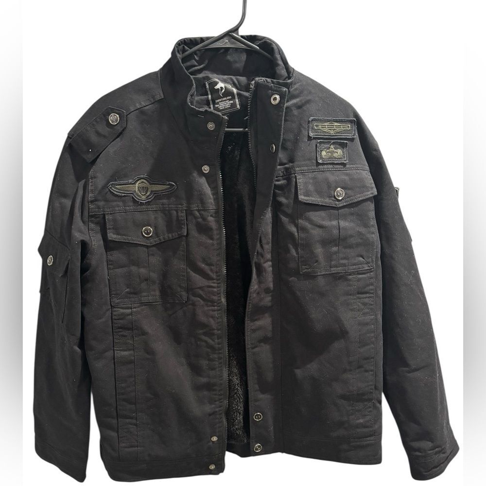 Men’s Black Airborne Military Style Fur Lines Jacket by SHEIN -size Large